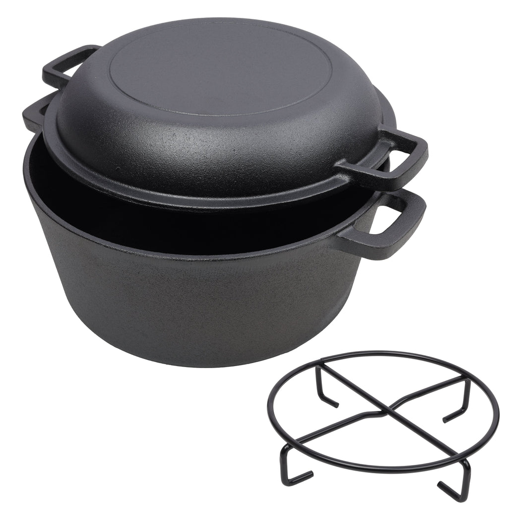 2-in-1 Cast Iron Dutch Oven, 5 Qt, with Iron Pot Rack