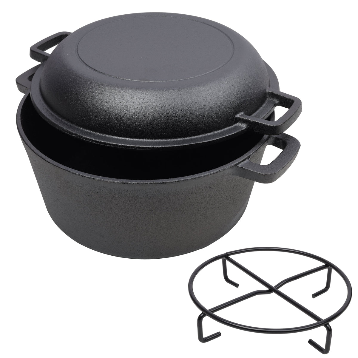 2-in-1 Cast Iron Dutch Oven, 5 Qt, with Iron Pot Rack