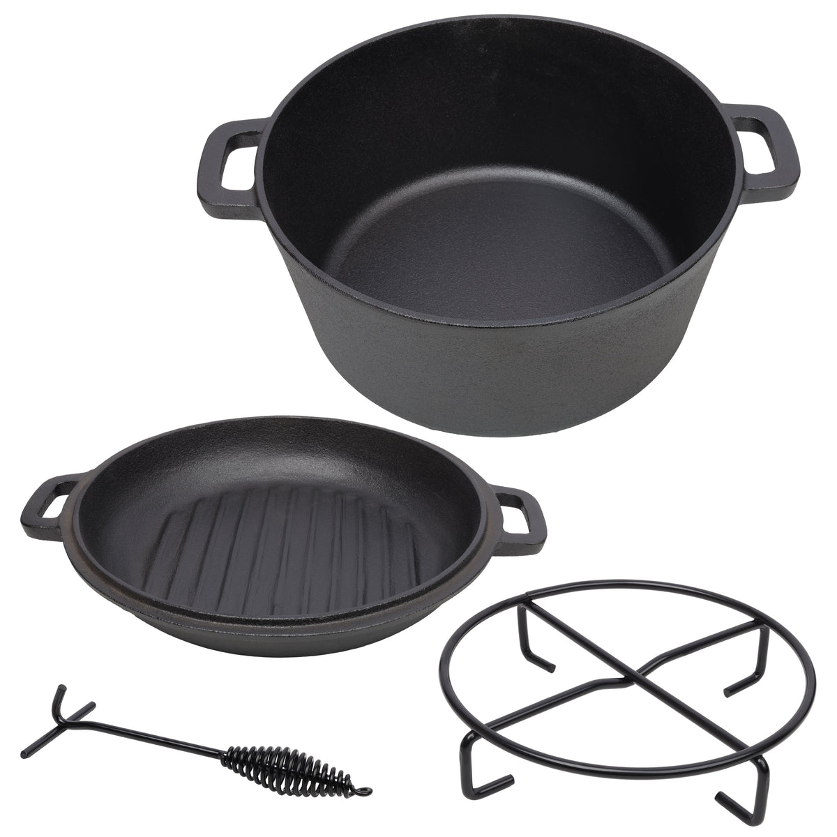 3-in-1 Cast Iron Dutch Oven & Skillet Lid, 5 Qt, with Pot Rack
