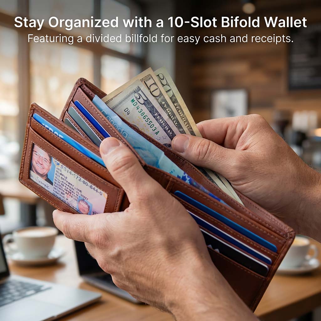 Men's RFID Leather Bifold Wallet - 10 Slots