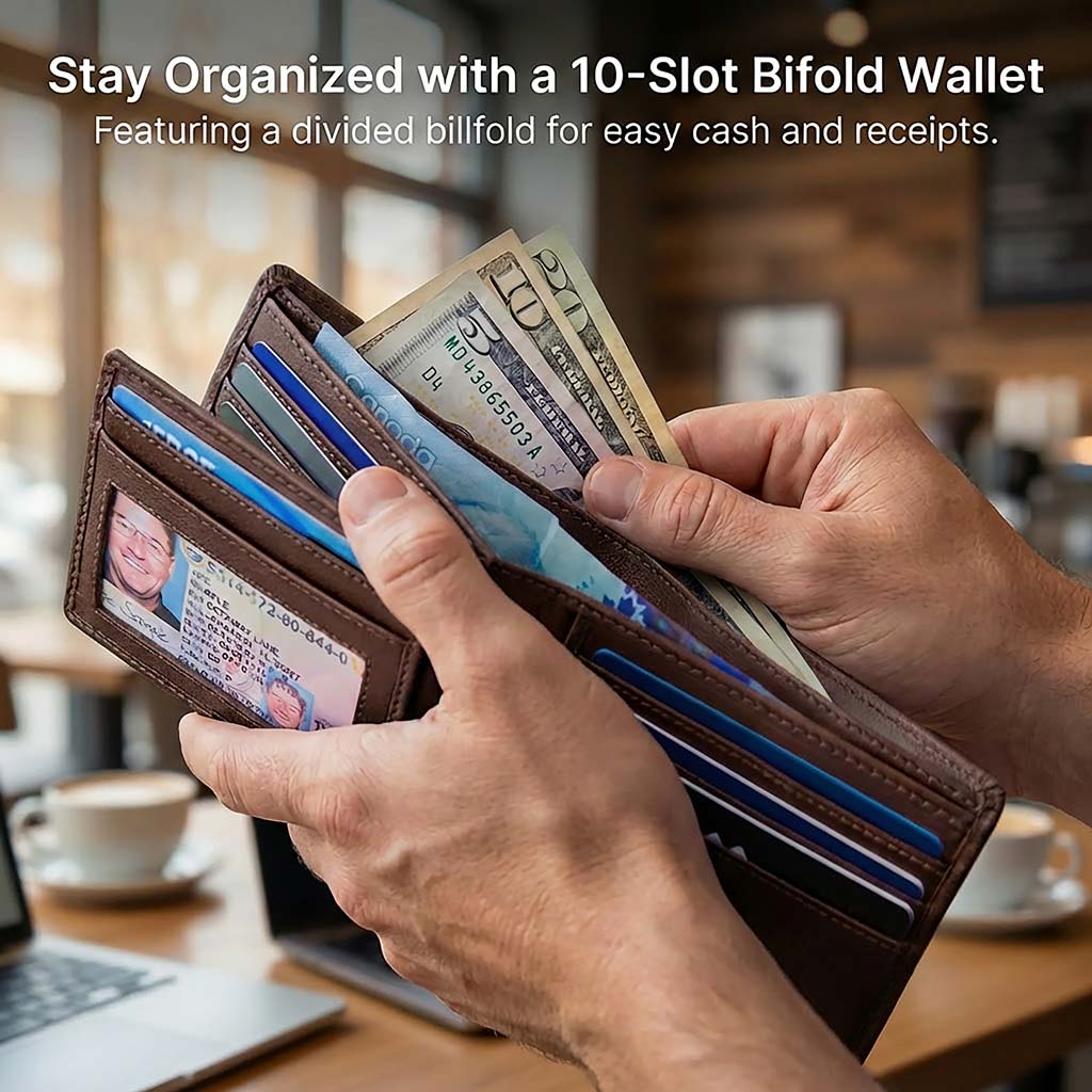 Men's RFID Leather Bifold Wallet - 10 Slots