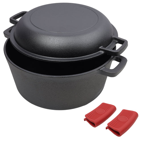 2-in-1 Cast Iron Dutch Oven, 5 Qt, with Silicone Handle Covers