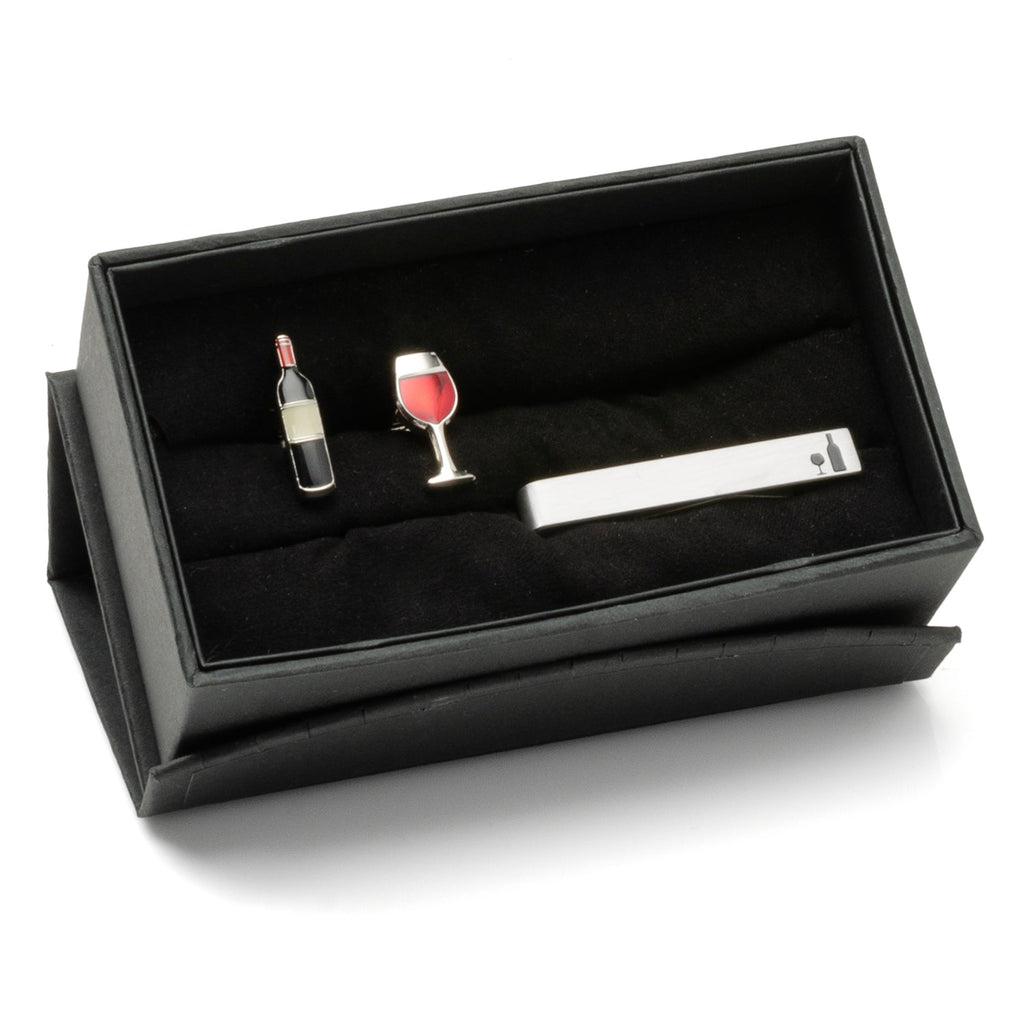 Wine glass and bottle cufflinks close-up