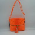 Ostrich-Embossed Dome Crossbody Bag with Dual Tassel Zippers