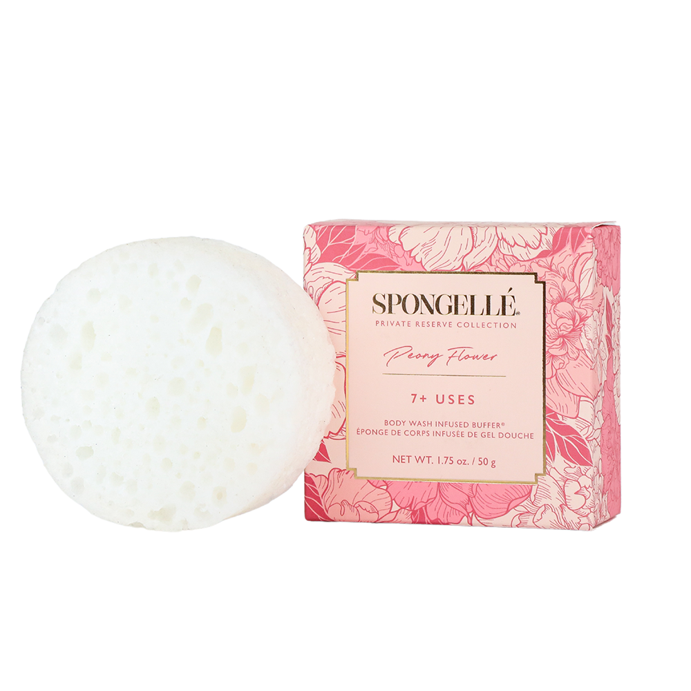 Round white Peony Flower Spongette beside its pink floral box