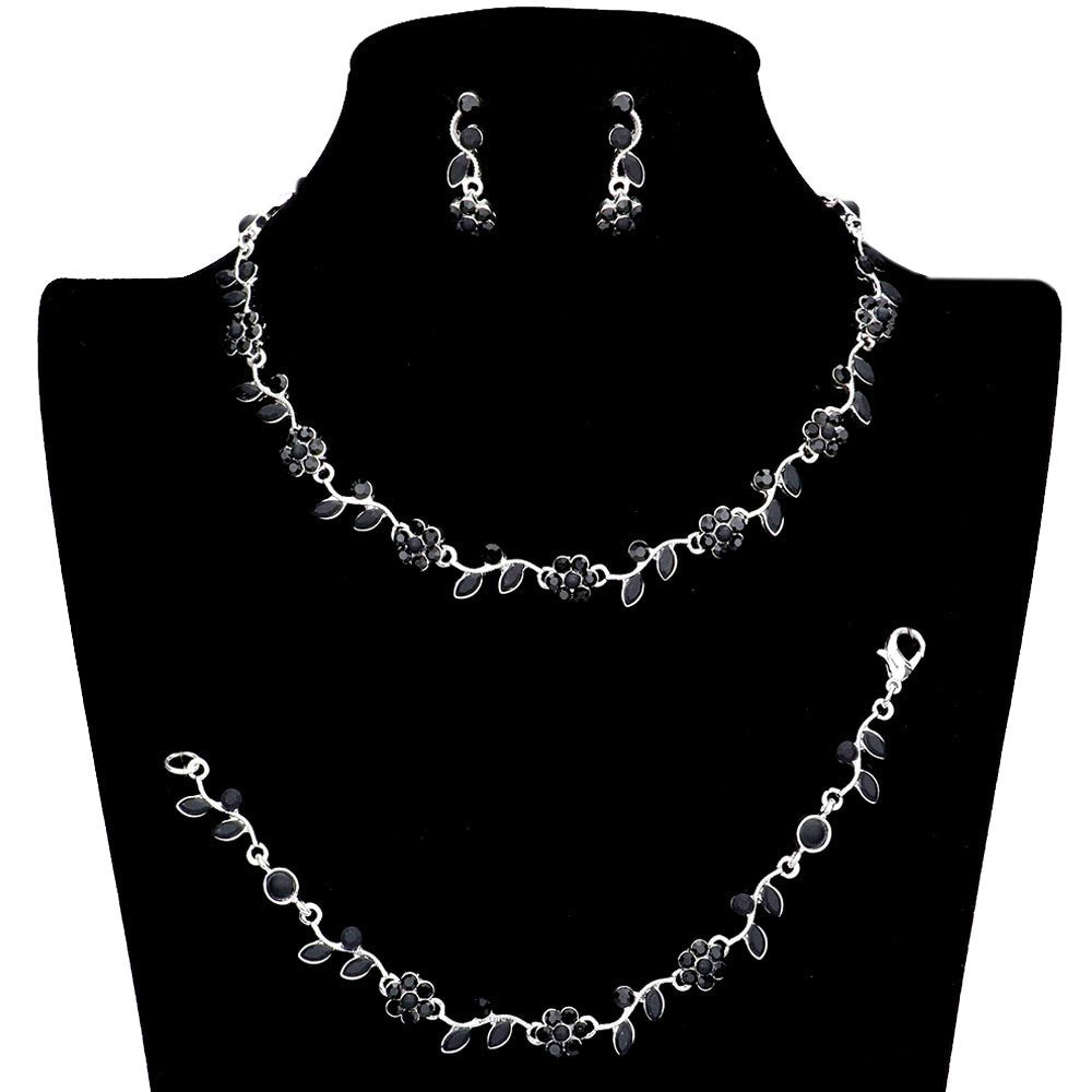 3PCS Flower Leaf Cluster Rhinestone Necklace Jewelry Set
