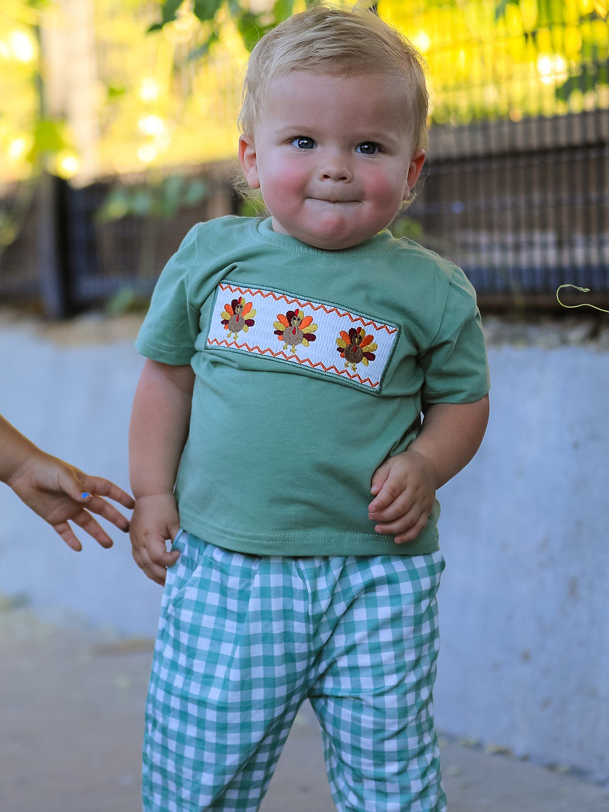 Fall Thanksgiving Turkey Smock Embroidered Green Plaid Boys' Set