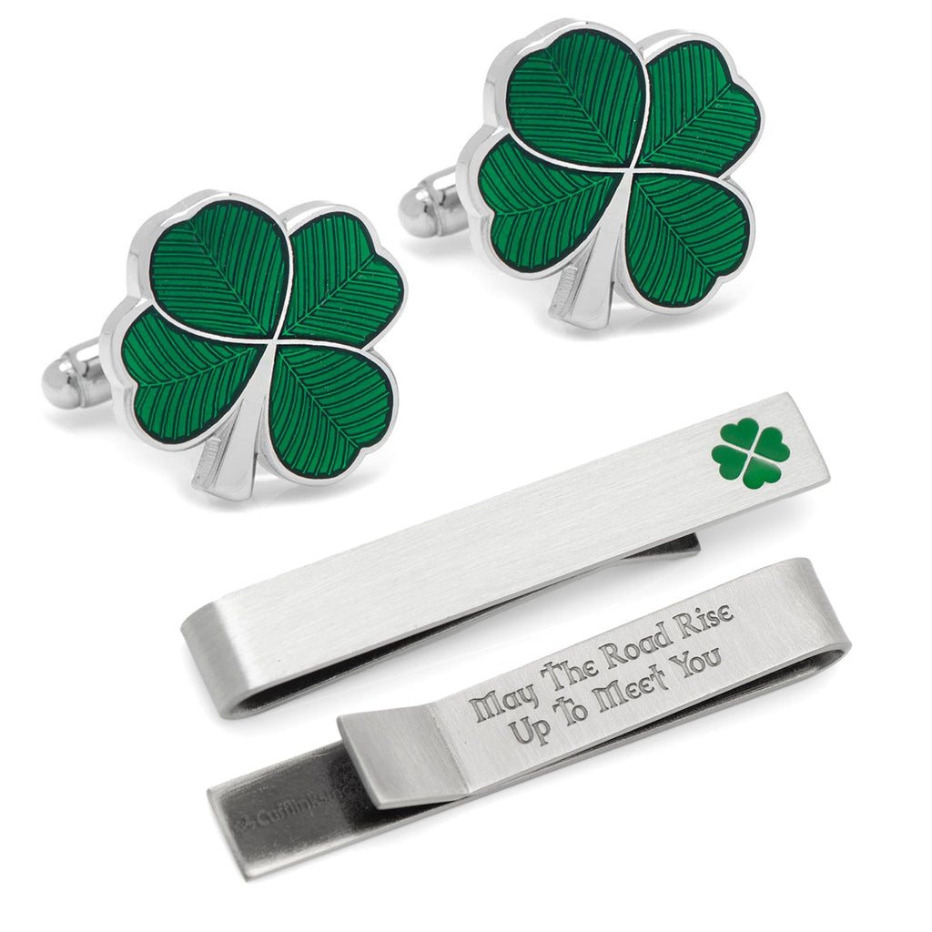 Green clover cufflinks and shamrock tie bar gift set