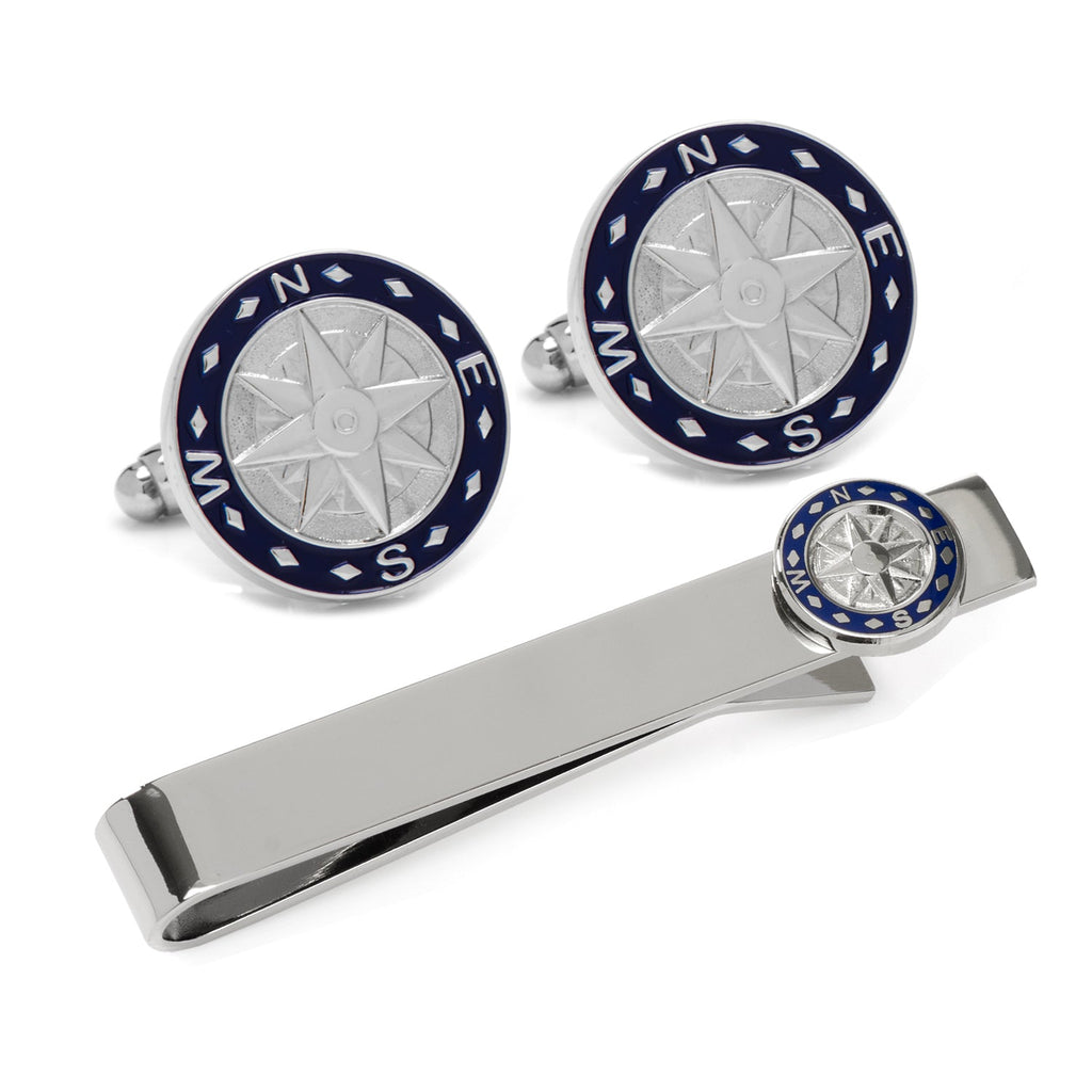 Compass cufflinks and tie bar gift set