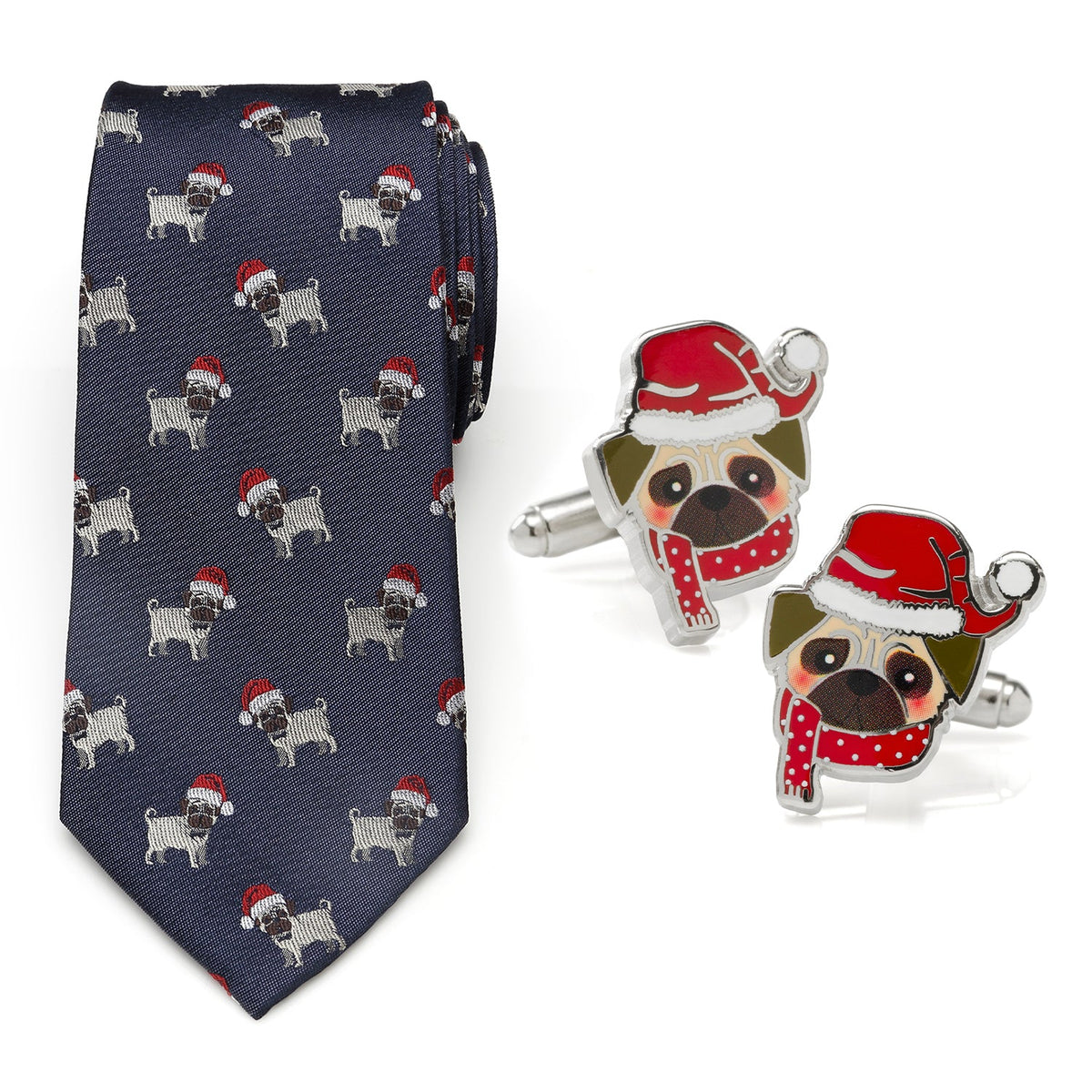 Santa Pug cufflinks and silk tie gift set