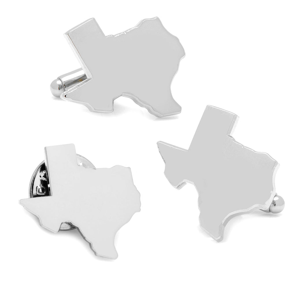 Silver Texas cufflinks and lapel pin gift set