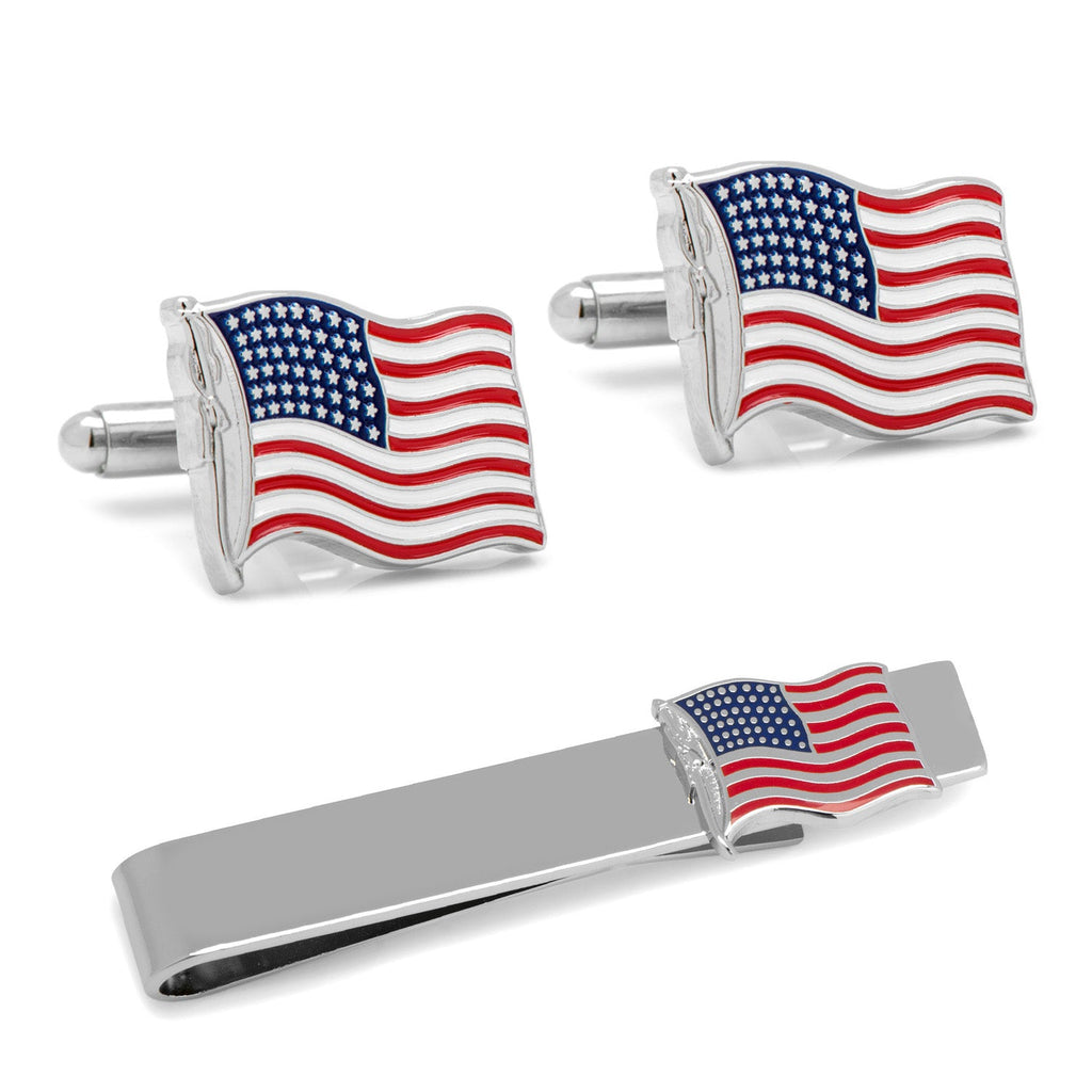 Waving American flag cufflinks and tie bar gift set