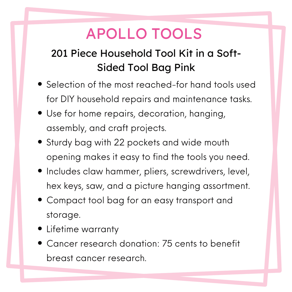 201 Piece Household Tool Kit in a Soft-Sided Tool Bag Pink - DT0020P