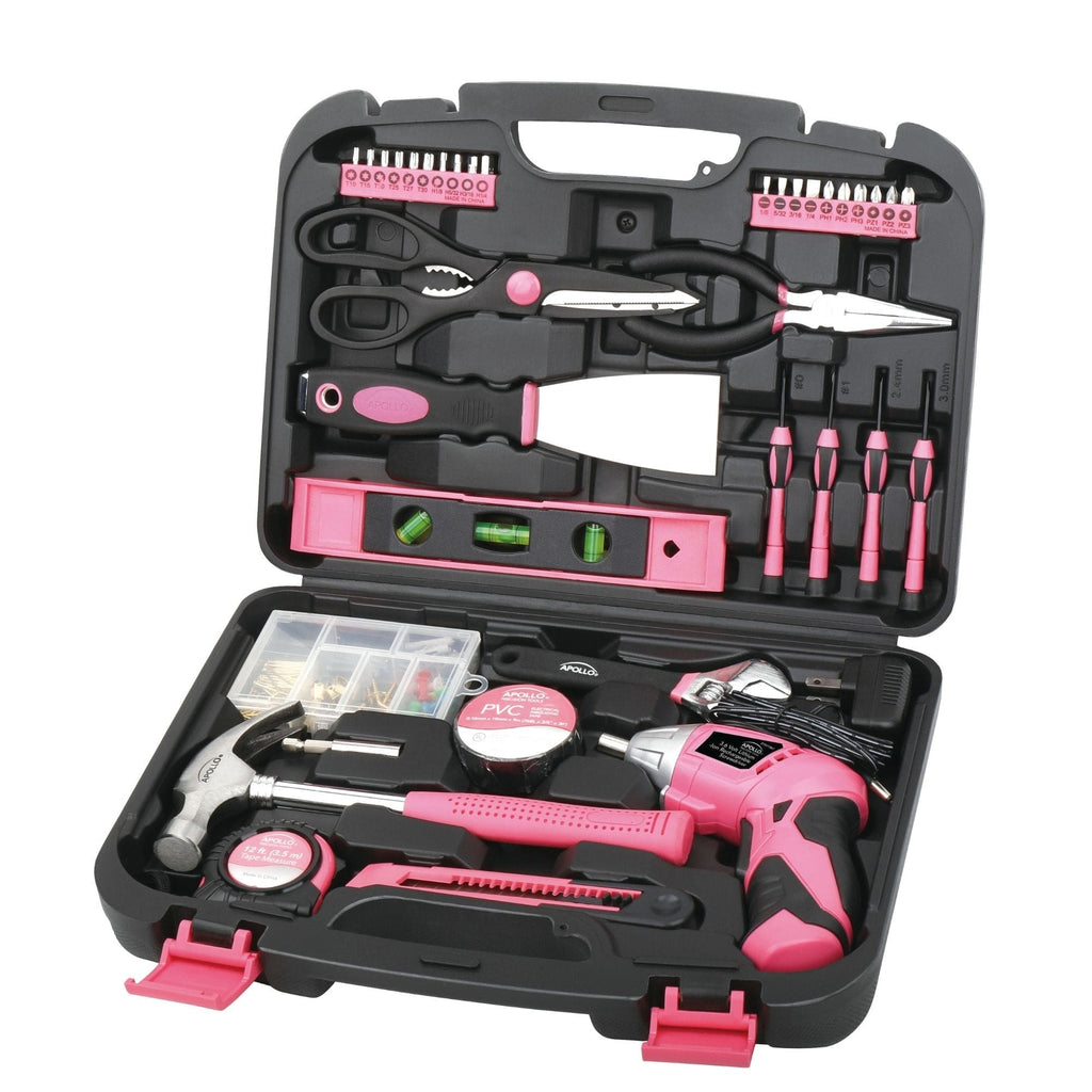 Apollo Tools 135-Piece Pink Household Tool Kit with Cordless Screwdriver