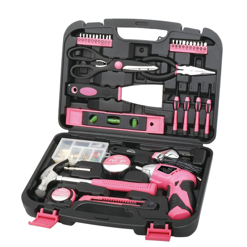 Apollo Tools 135-Piece Pink Household Tool Kit with Cordless Screwdriver