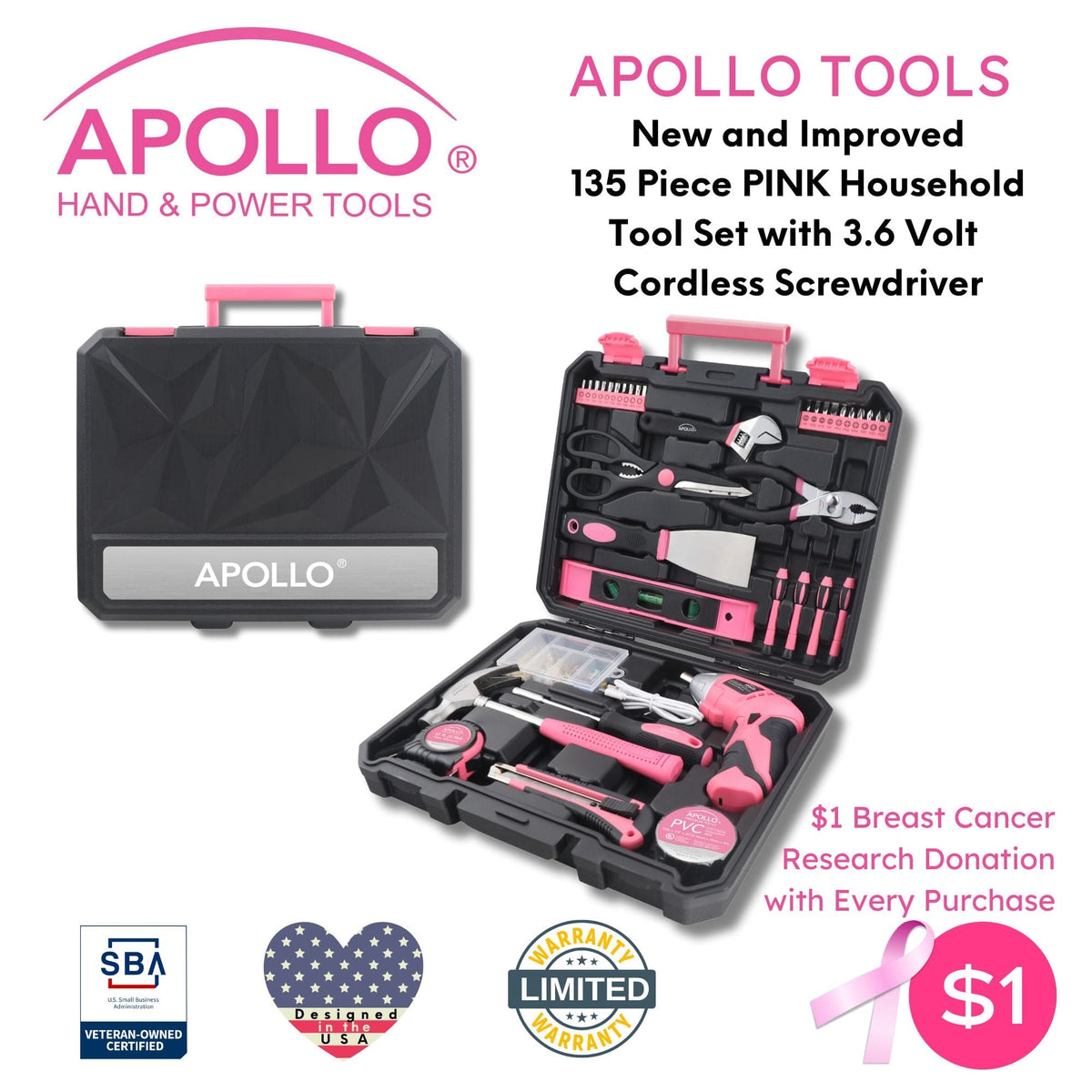 135-Piece Pink Tool Set with 3.6V Cordless Screwdriver (DT0774P)