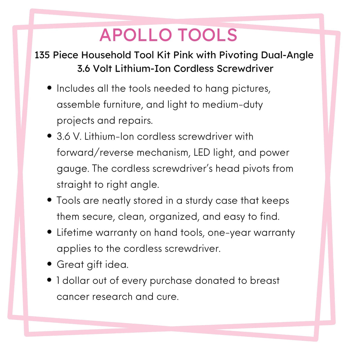 135-Piece Pink Household Tool Kit with Cordless Screwdriver (DT0773N1)