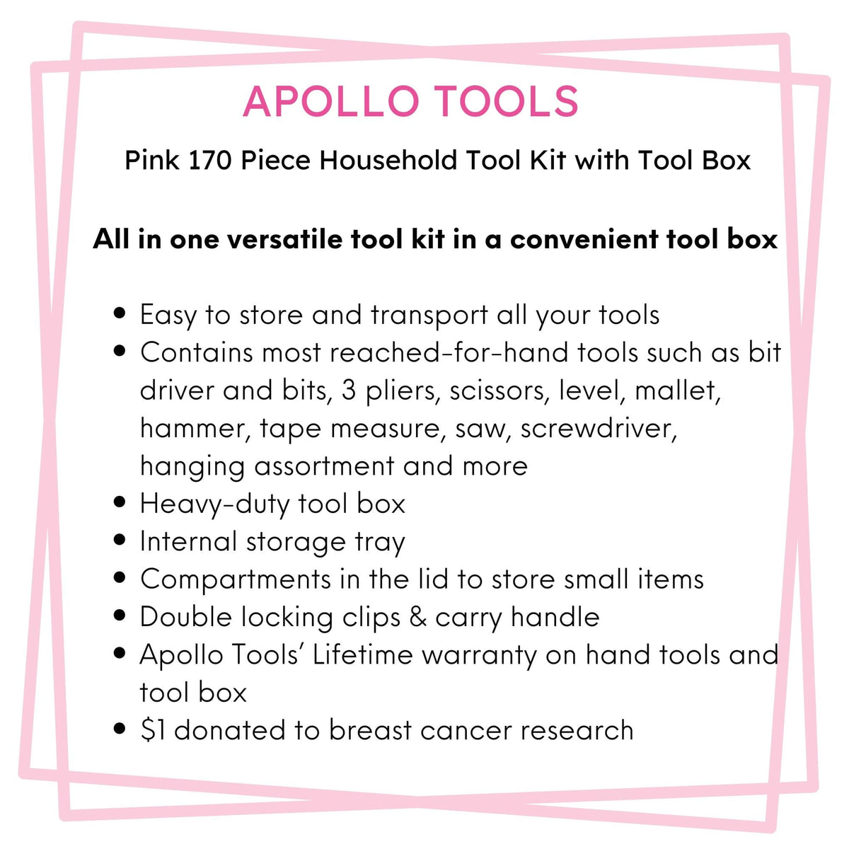 Pink 170 Piece Household Tool Kit with New and Improved Tool Box - DT7103P