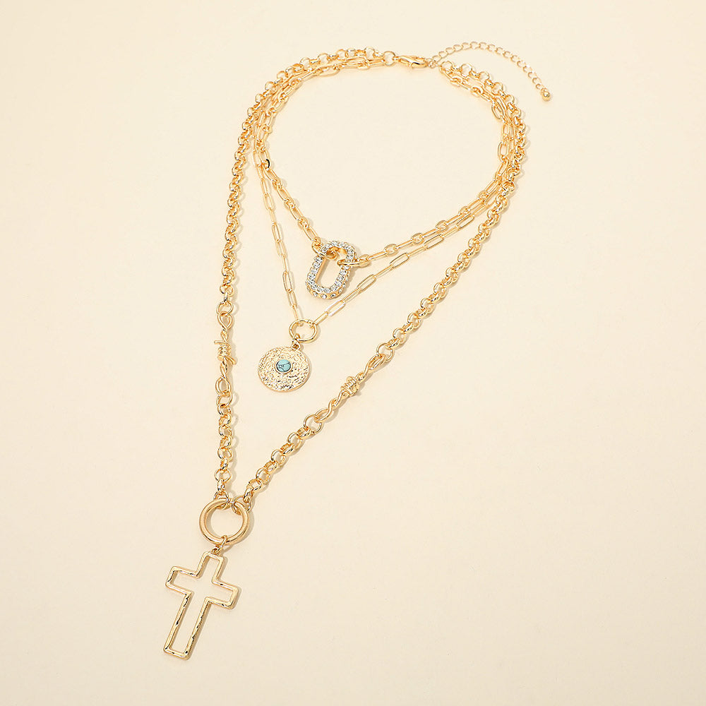 Cross Rhinestone Pave Layered Statement Necklace
