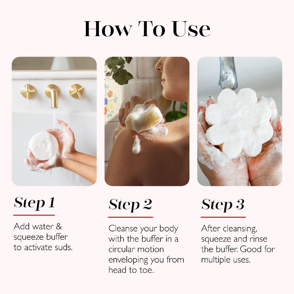 How to use a Spongellé buffer: wet and squeeze to lather, cleanse, then rinse and squeeze out water