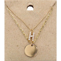 H Initial Rhinestone Monogram Metal Disc Pendant Double Layered Necklace