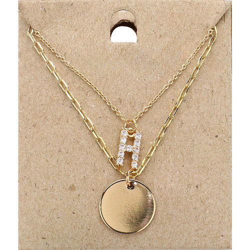 H Initial Rhinestone Monogram Metal Disc Pendant Double Layered Necklace