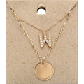 W Initial Rhinestone Monogram Metal Disc Pendant Double Layered Necklace