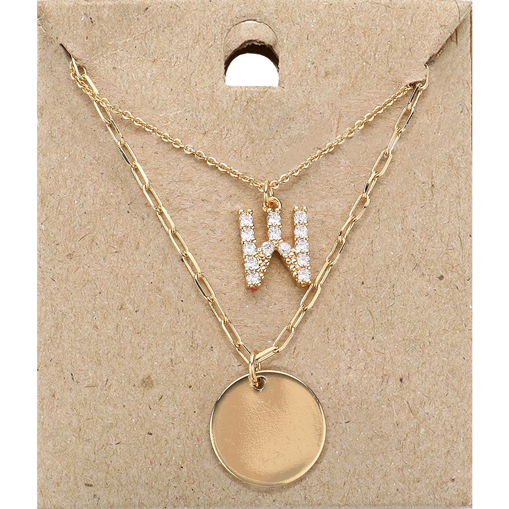 W Initial Rhinestone Monogram Metal Disc Pendant Double Layered Necklace