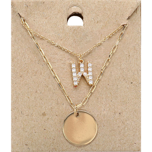 W Initial Rhinestone Monogram Metal Disc Pendant Double Layered Necklace