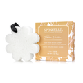 Tobacco Vanilla white flower-shaped buffer with black ribbon beside its gold-colored box