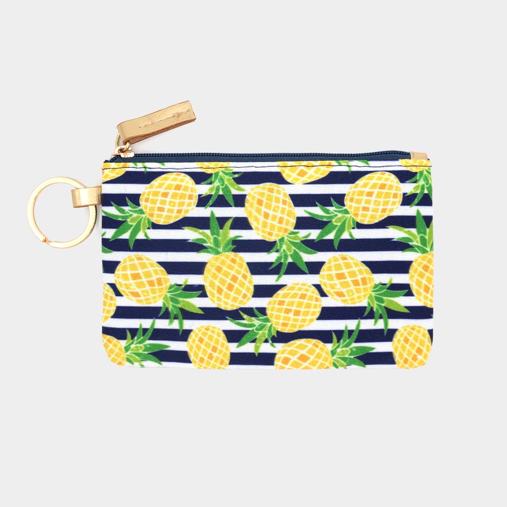 Front of navy-and-white striped pineapple wallet with zip closure and key ring