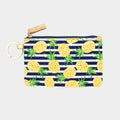 Front of navy-and-white striped pineapple wallet with zip closure and key ring