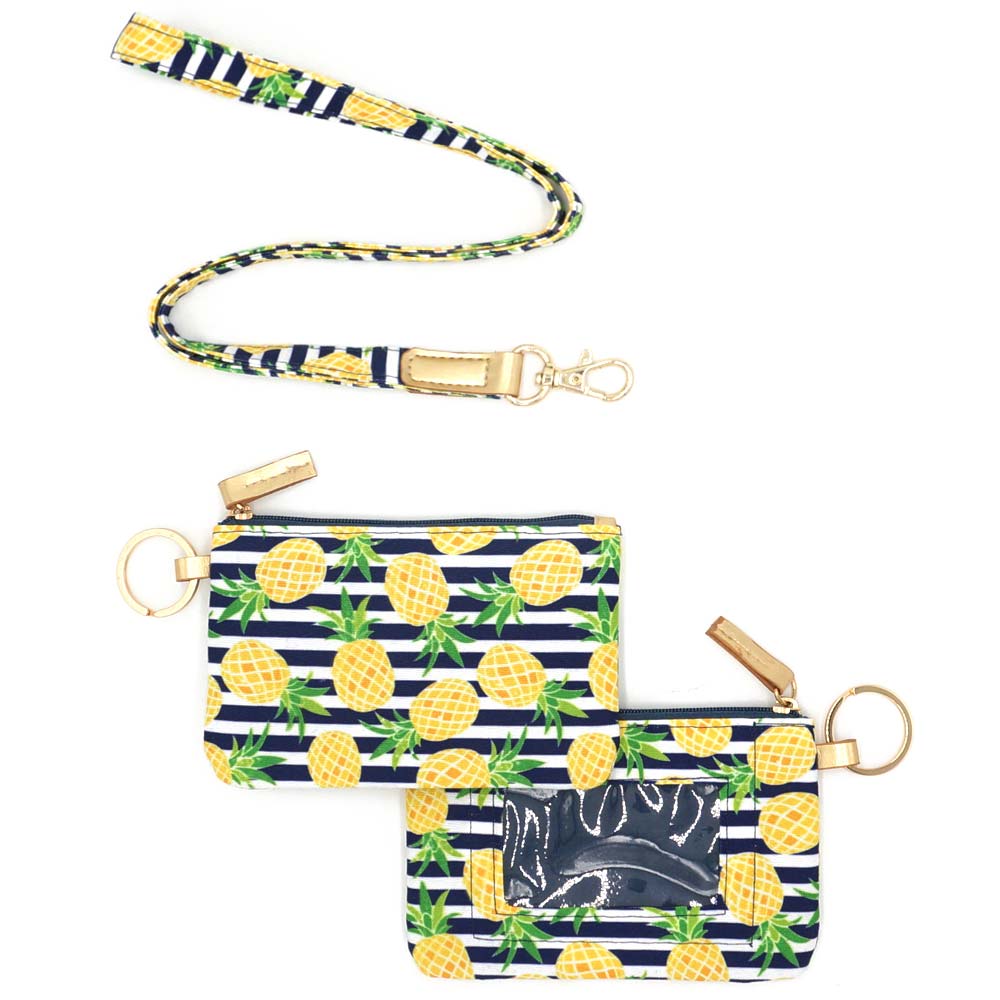 Pineapple-print wallet front and back views with detached matching lanyard