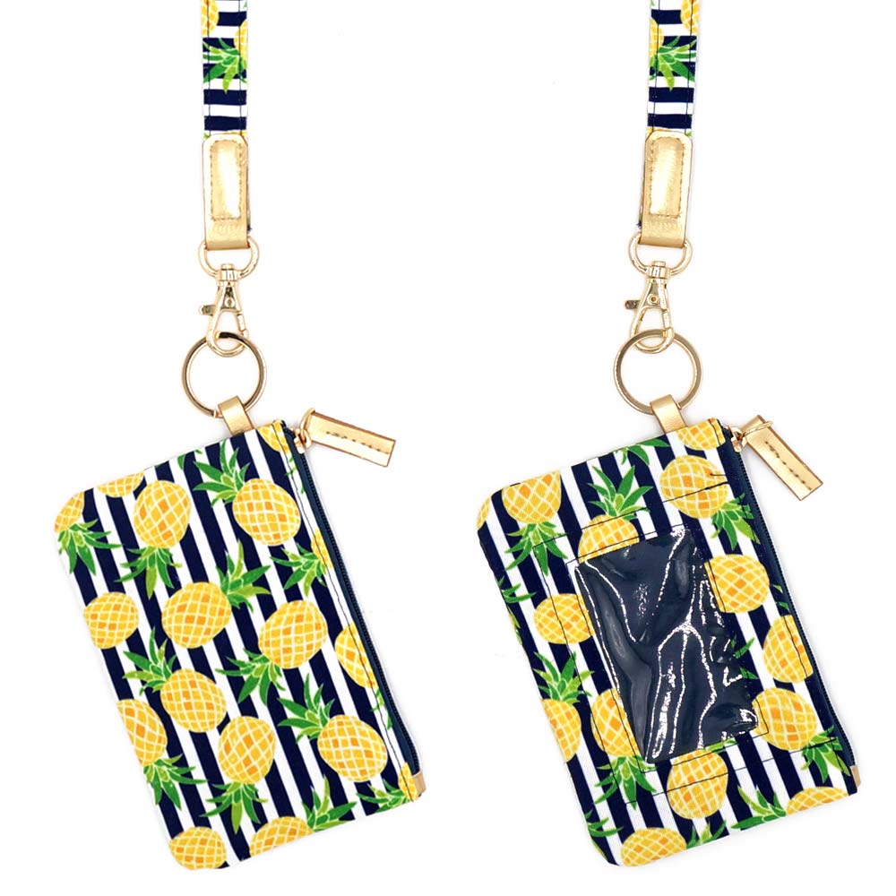 Front and back views of pineapple ID wallet attached to matching lanyards