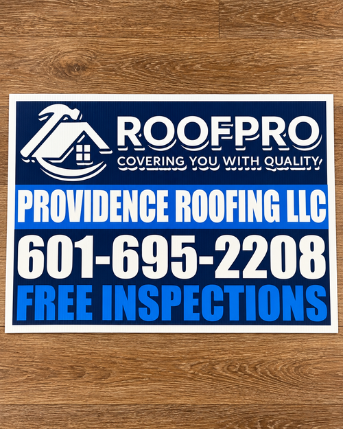 Clean real custom roofing yard and jobsite sign example