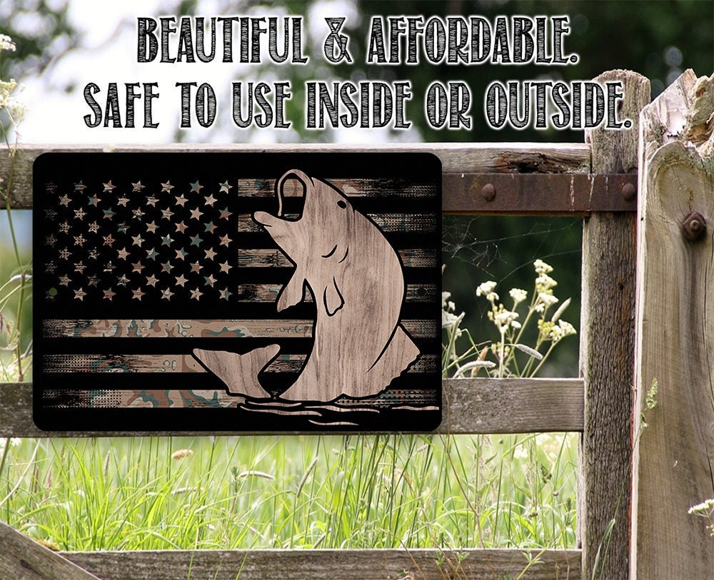 Camouflage American flag fishing metal sign, alternate view