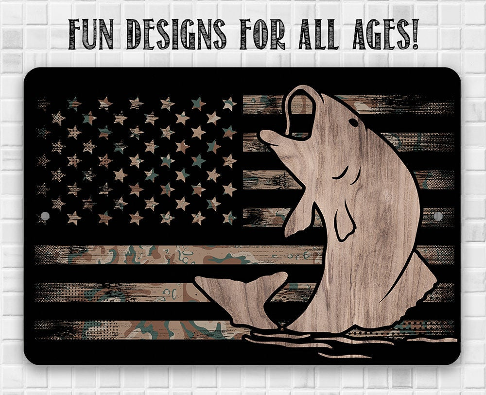 Camouflage American Flag Fishing Metal Sign