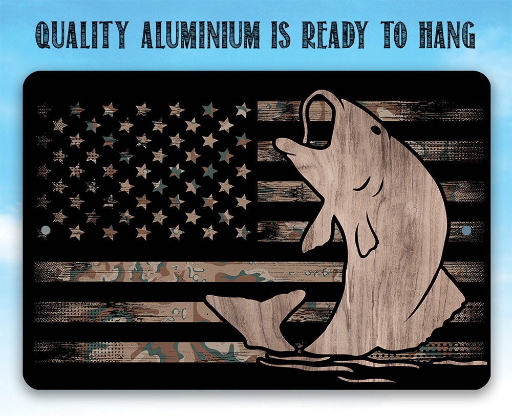 Camouflage American Flag Fishing Metal Sign