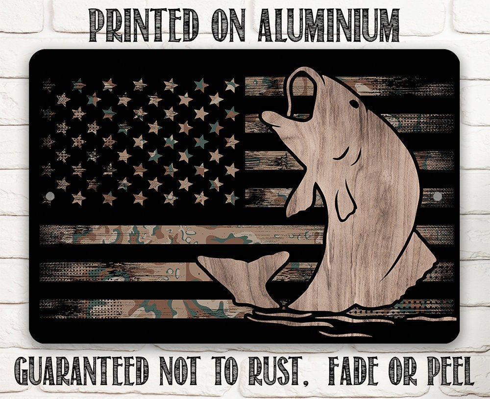 Camouflage American Flag Fishing Metal Sign