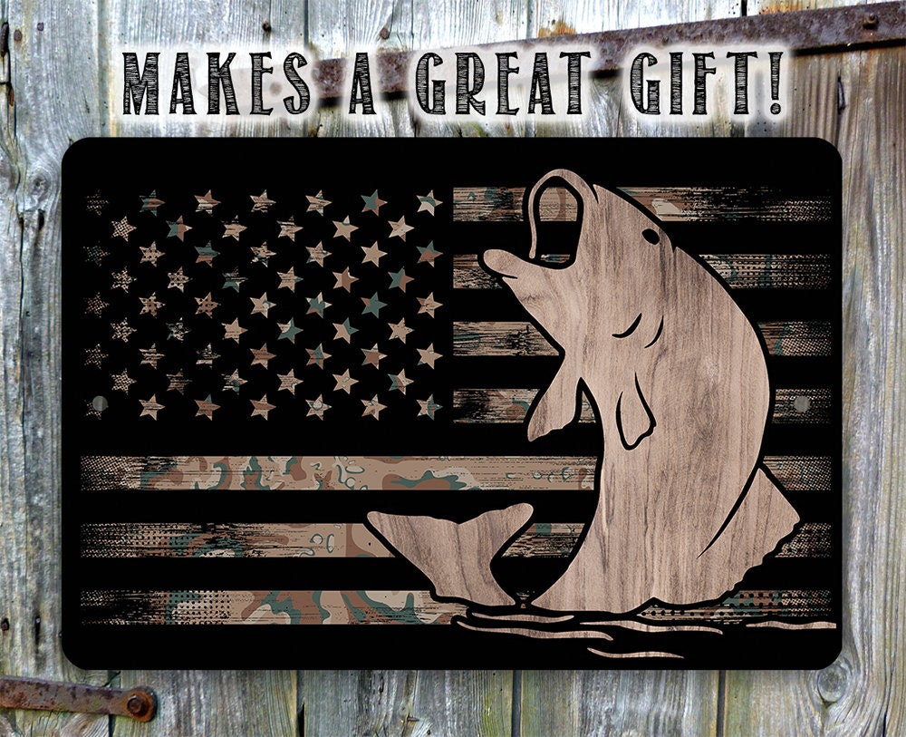 Camouflage American Flag Fishing Metal Sign