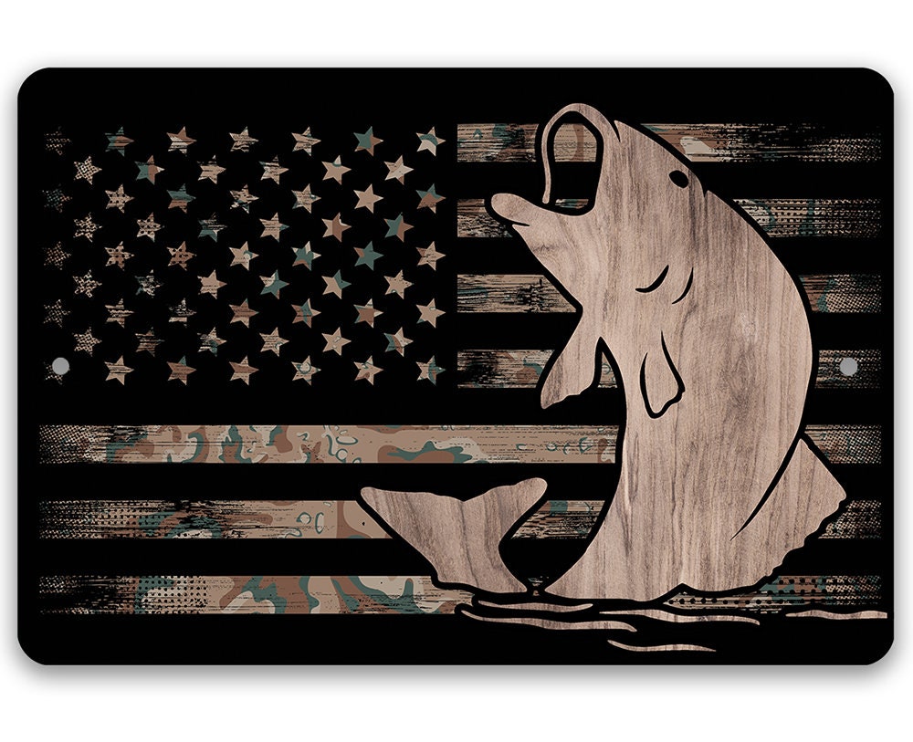 Camouflage American flag fishing metal sign