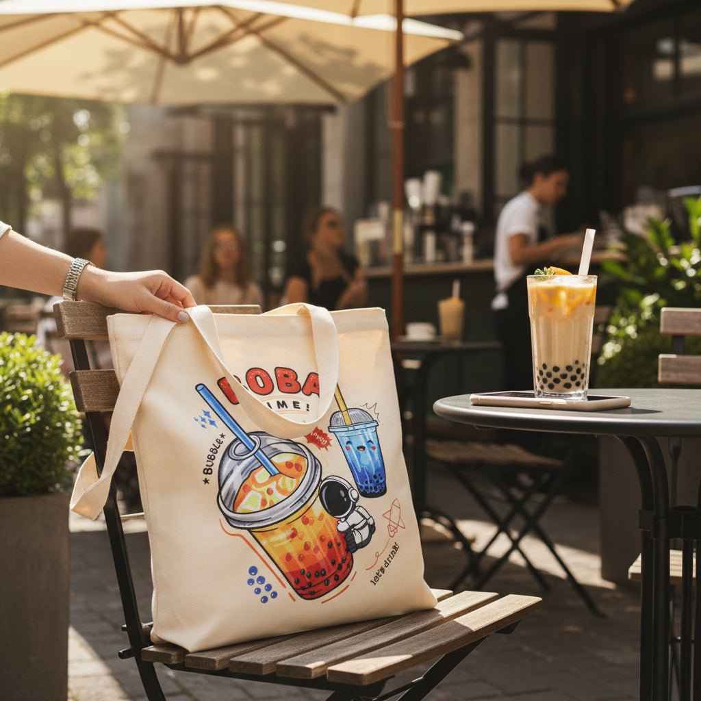 Cream Boba Tote Bag – Cute Gift with Keychain & Enamel Pin