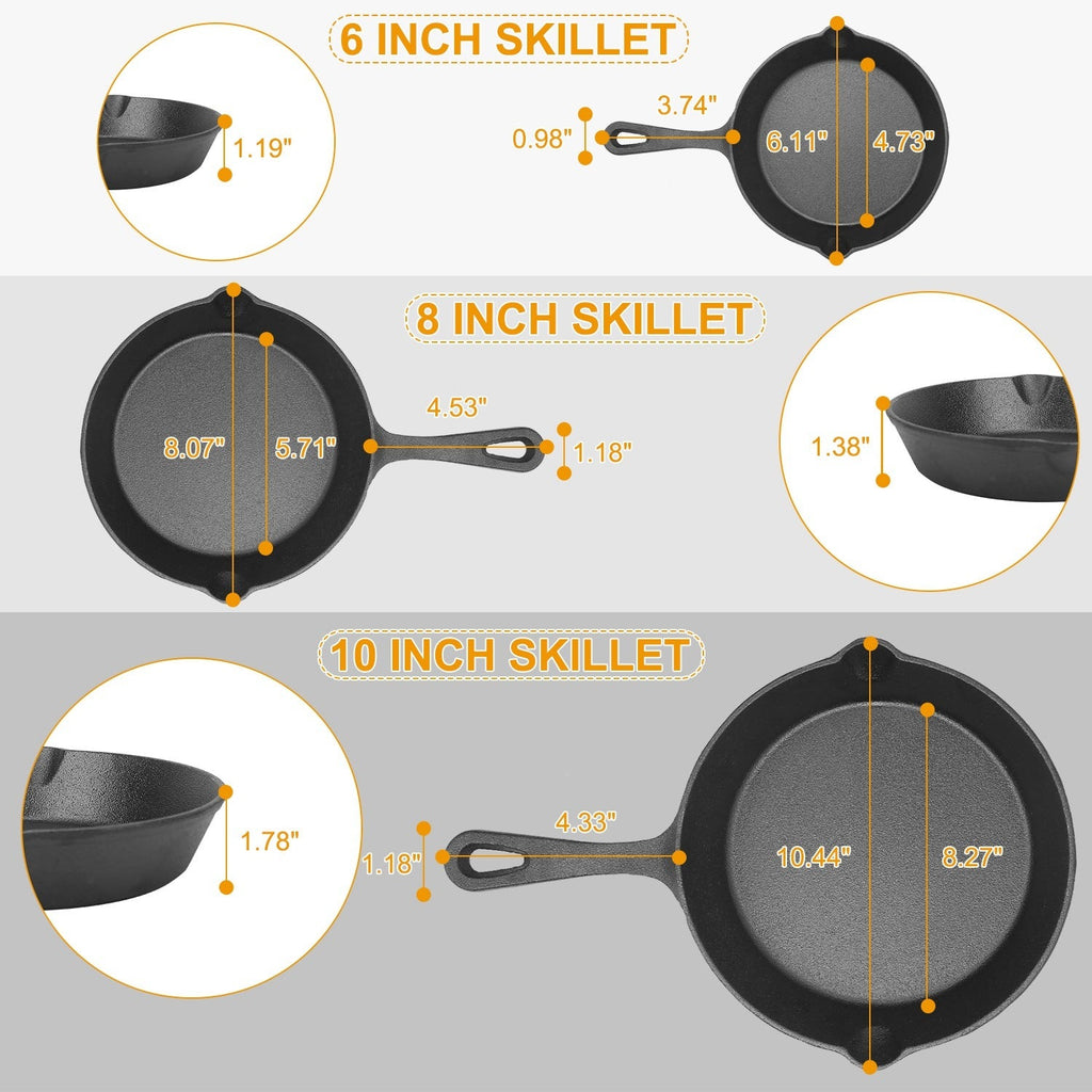 3-Piece Pre-Seasoned Cast Iron Skillet Set (6/8/10 in)