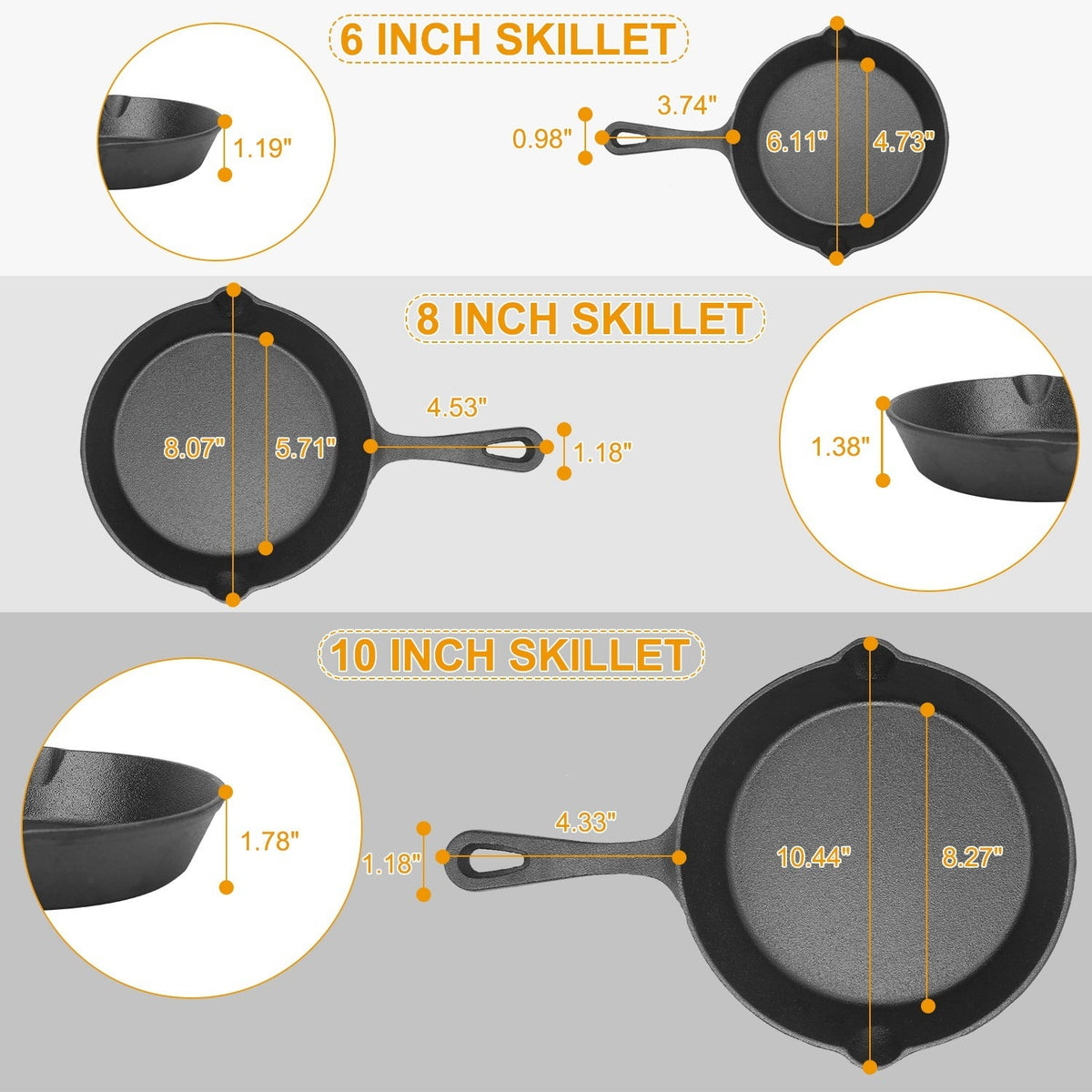 3-Piece Pre-Seasoned Cast Iron Skillet Set (6/8/10 in)