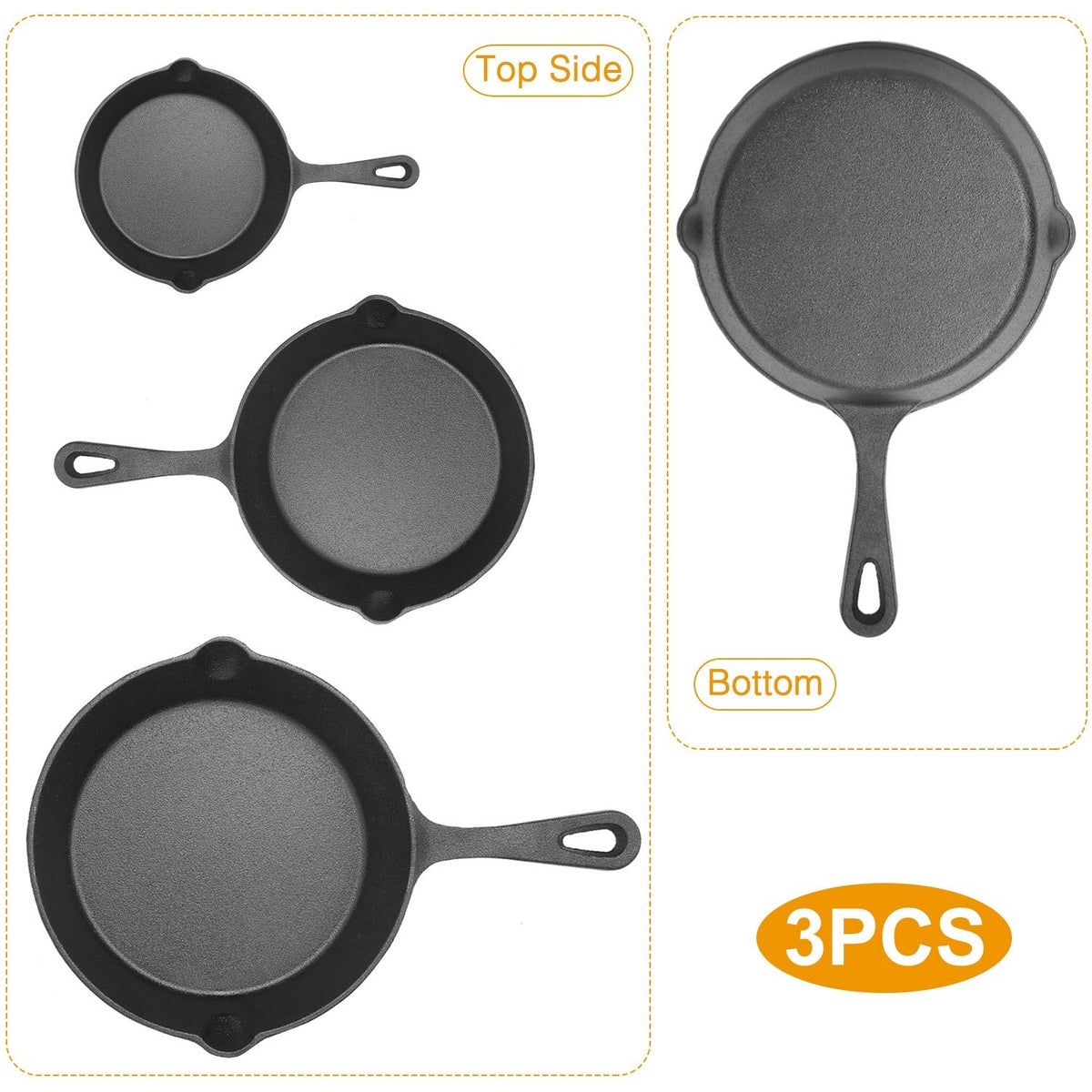 3-Piece Pre-Seasoned Cast Iron Skillet Set (6/8/10 in)