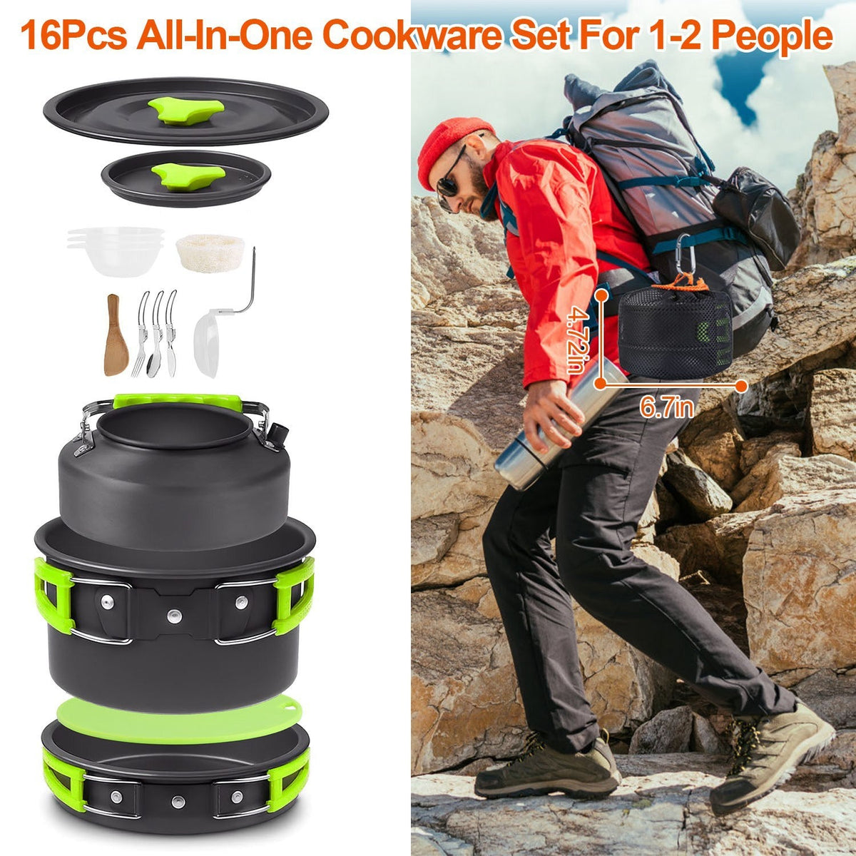16-Piece Camping Cookware Set with Kettle, Bowls & Utensils