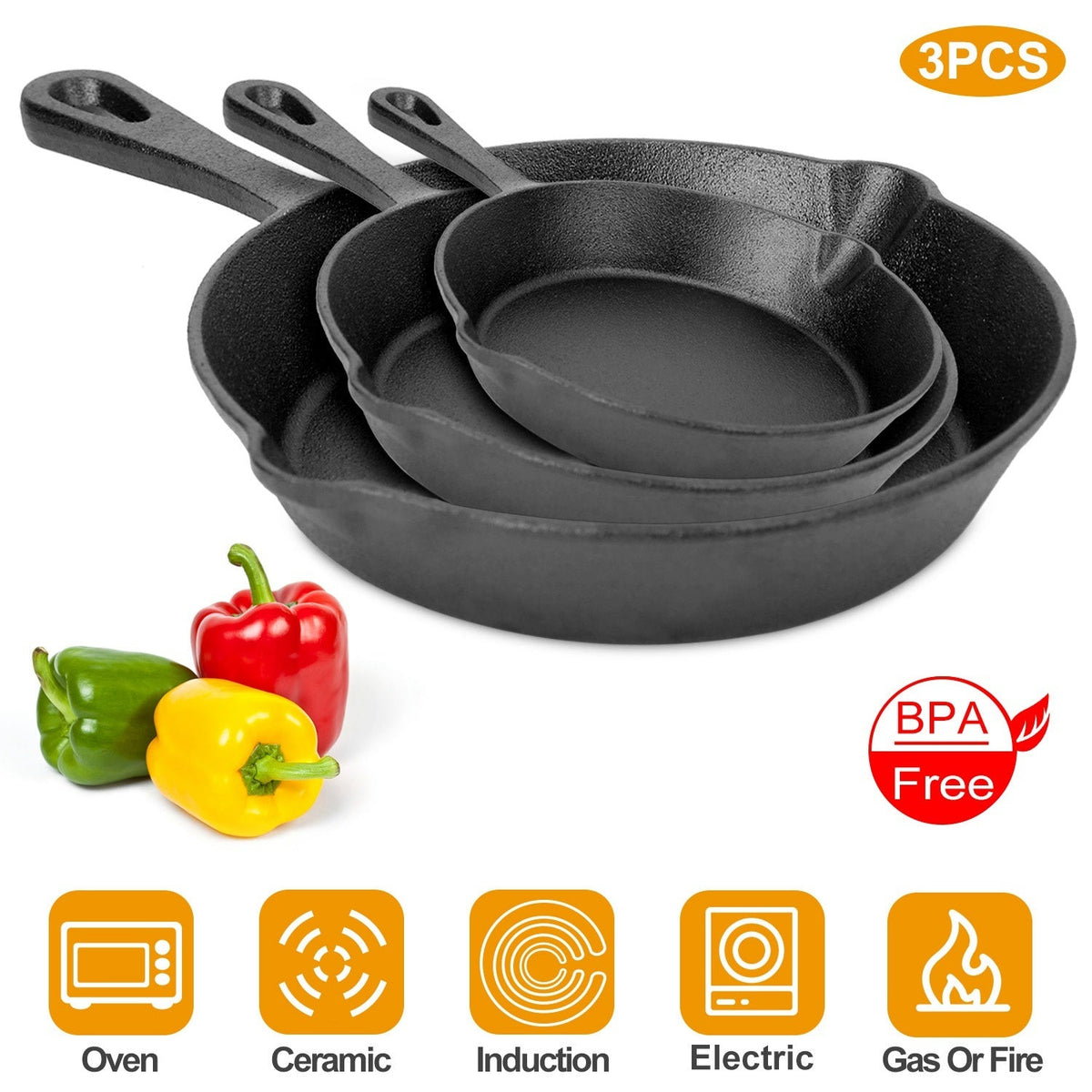 3-Piece Pre-Seasoned Cast Iron Skillet Set (6/8/10 in)