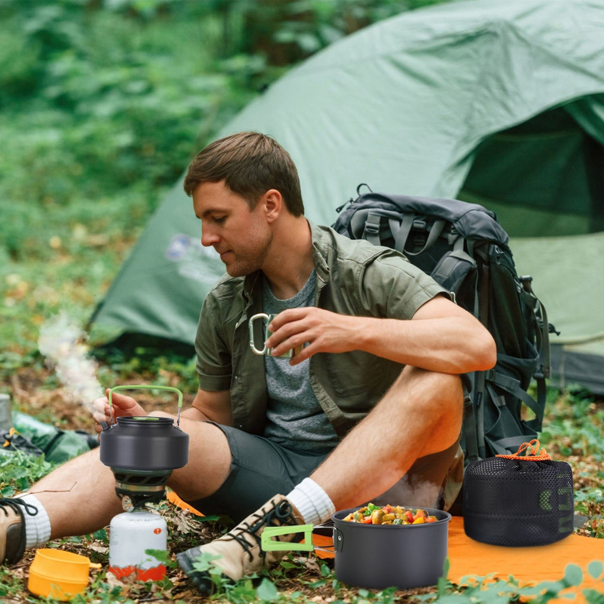 16-Piece Camping Cookware Set with Kettle, Bowls & Utensils
