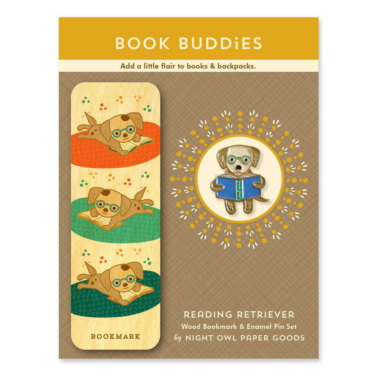 Reading Retriever Book Buddies Wood Mini Bookmark + Pin Gift Set