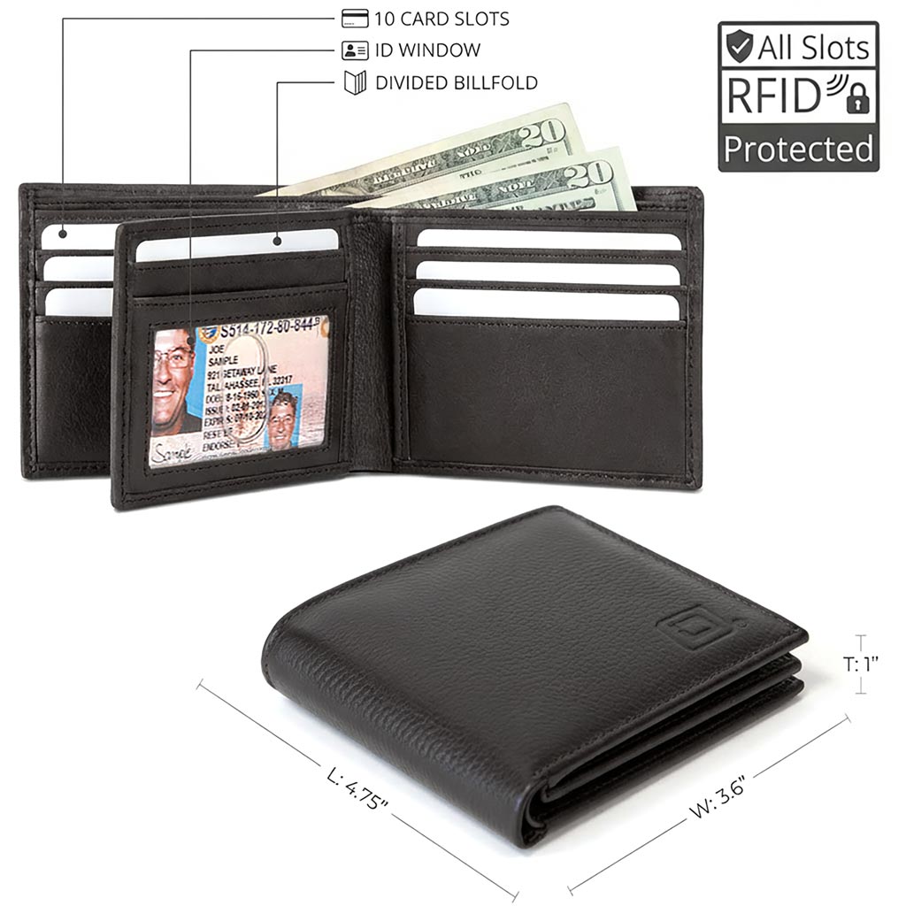 Men's RFID Leather Bifold Wallet - 10 Slots
